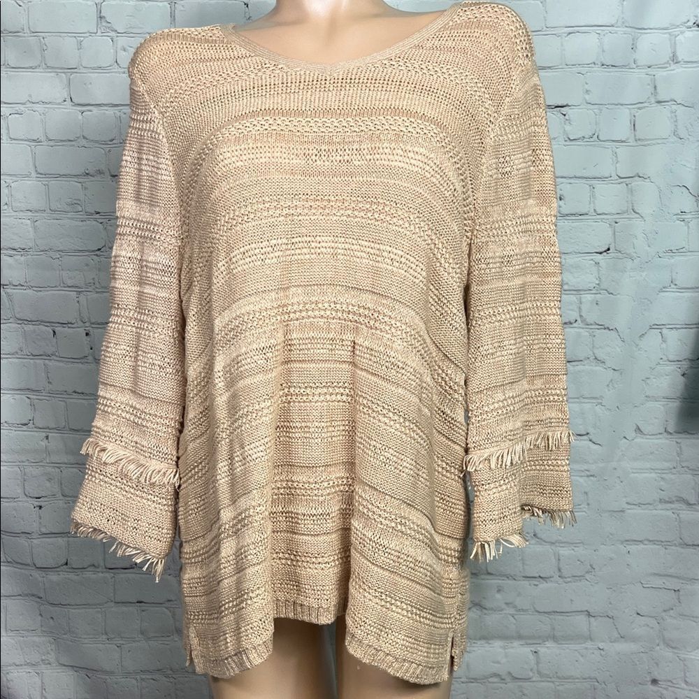 Chico's Coastal Grandma tan pointelle knit sweater fringe sleeves Sz 3 or XL